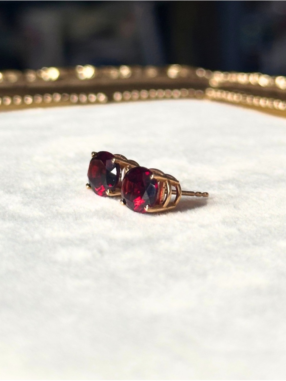 14k Yellow Gold Natural Garnet Oval Stud Earrings - Picture 8 of 10